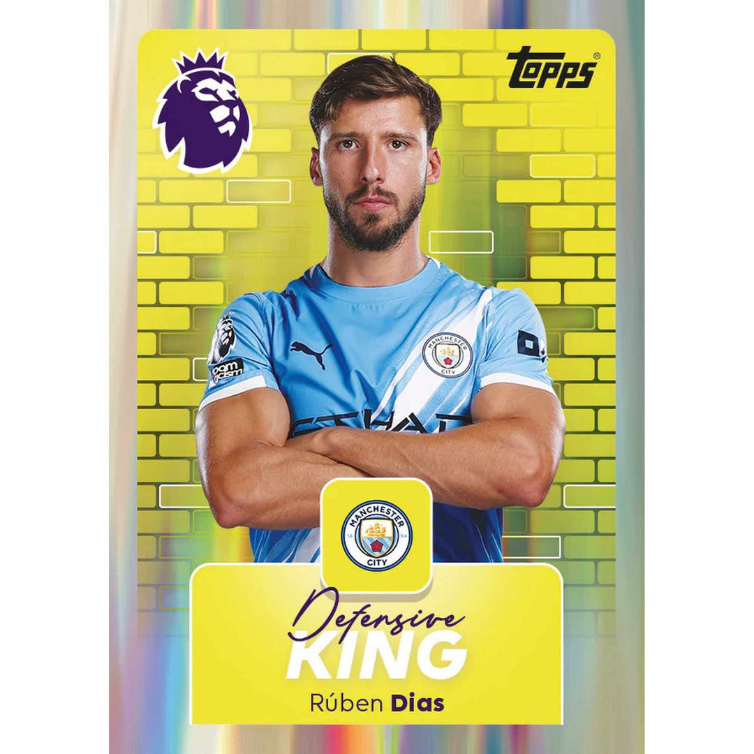 Premier League 2026 Stickers Eco Pack featuring Rúben Dias as Defensive King Topps collectible card.