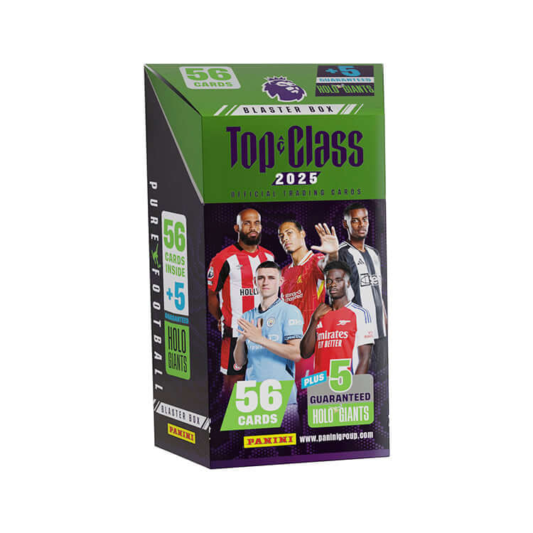 Premier League Top Class 2025 trading cards blaster box featuring 56 cards plus 5 guaranteed holo cards.