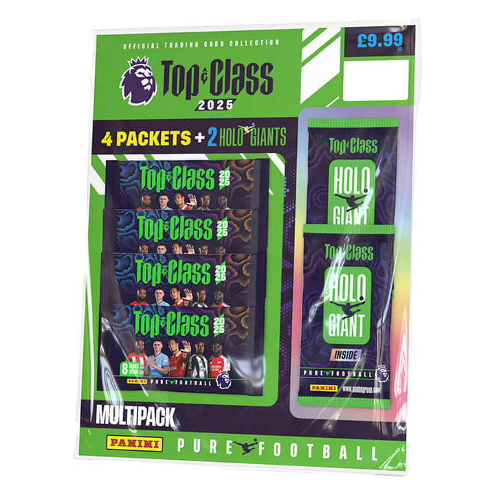 2025 Premier League Top Class multipack featuring 4 packets and 2 Holo Giant cards, priced at £9.99.