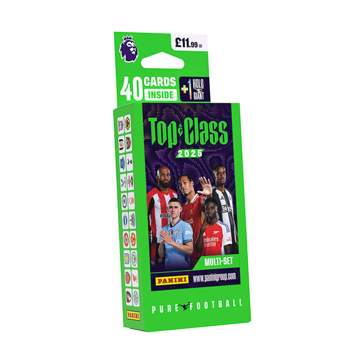 Premier League Top Class 2025 trading cards pack featuring 40 cards, showcasing superstar players and designs.