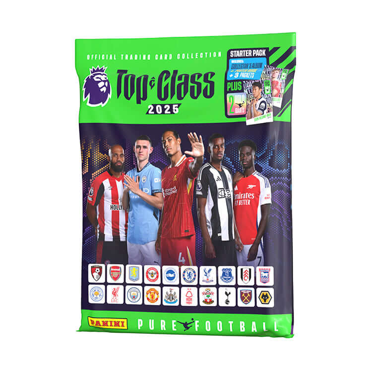 Premier League Top Class 2025 trading cards starter pack showcasing players and logos.