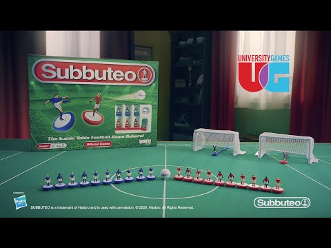 Subbuteo England Team Kit Players displayed in iconic table football game setting.