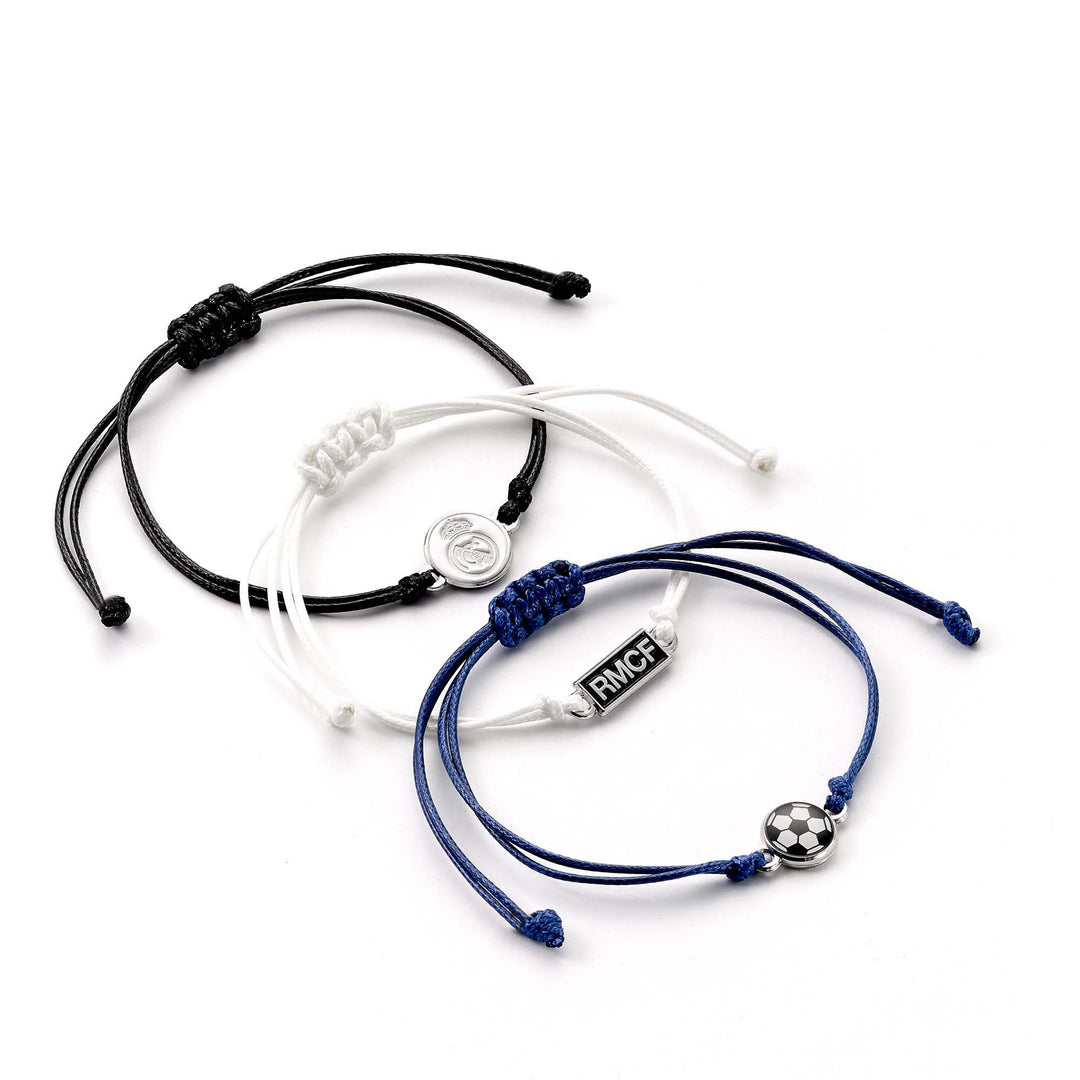 Real Madrid friendship bracelet set featuring black, white, and blue adjustable cords with football charms.