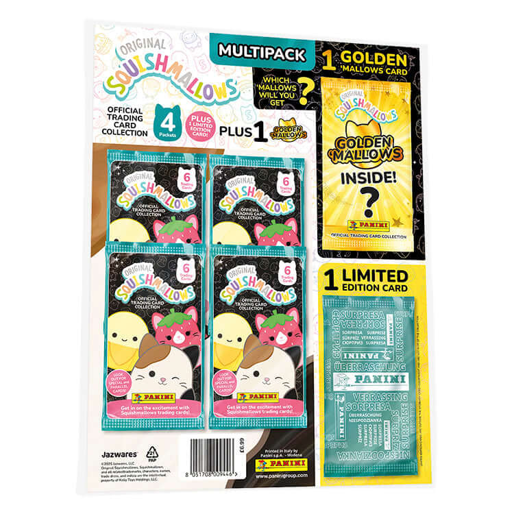 Squishmallows Trading Card Multipack featuring 4 packs, 1 Golden Mallow card, and 1 limited edition card.