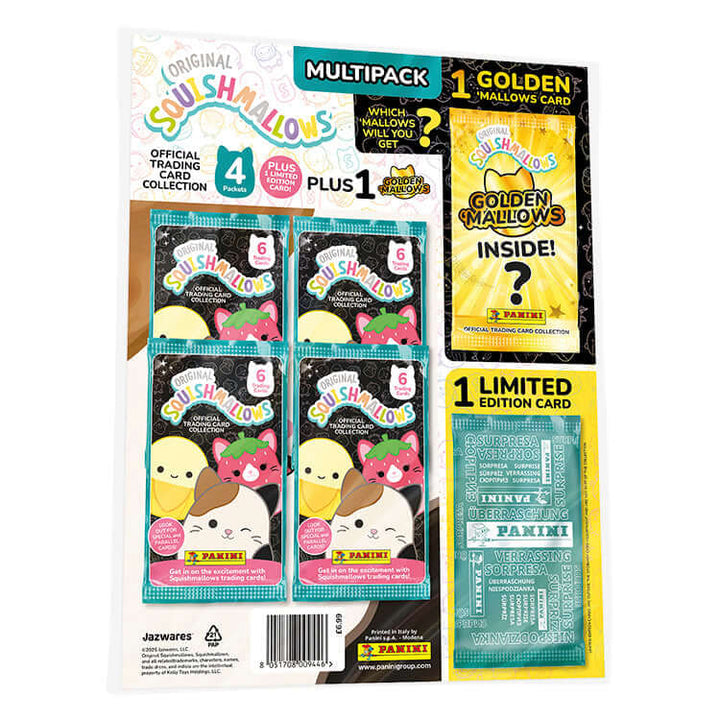 Squishmallows Trading Card Multipack featuring 4 packs, 1 Golden Mallow card, and 1 limited edition card.