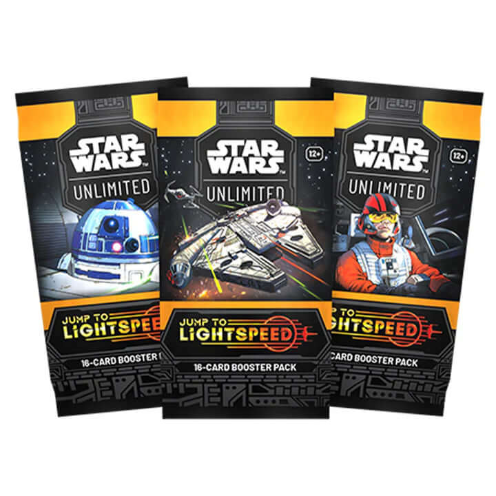 Star Wars Unlimited - Jump to Lightspeed Booster packs featuring starfighter artwork and gameplay details.