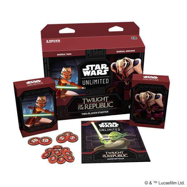 Star Wars Unlimited Twilight of the Republic Two Player Starter game packaging with decks and tokens.