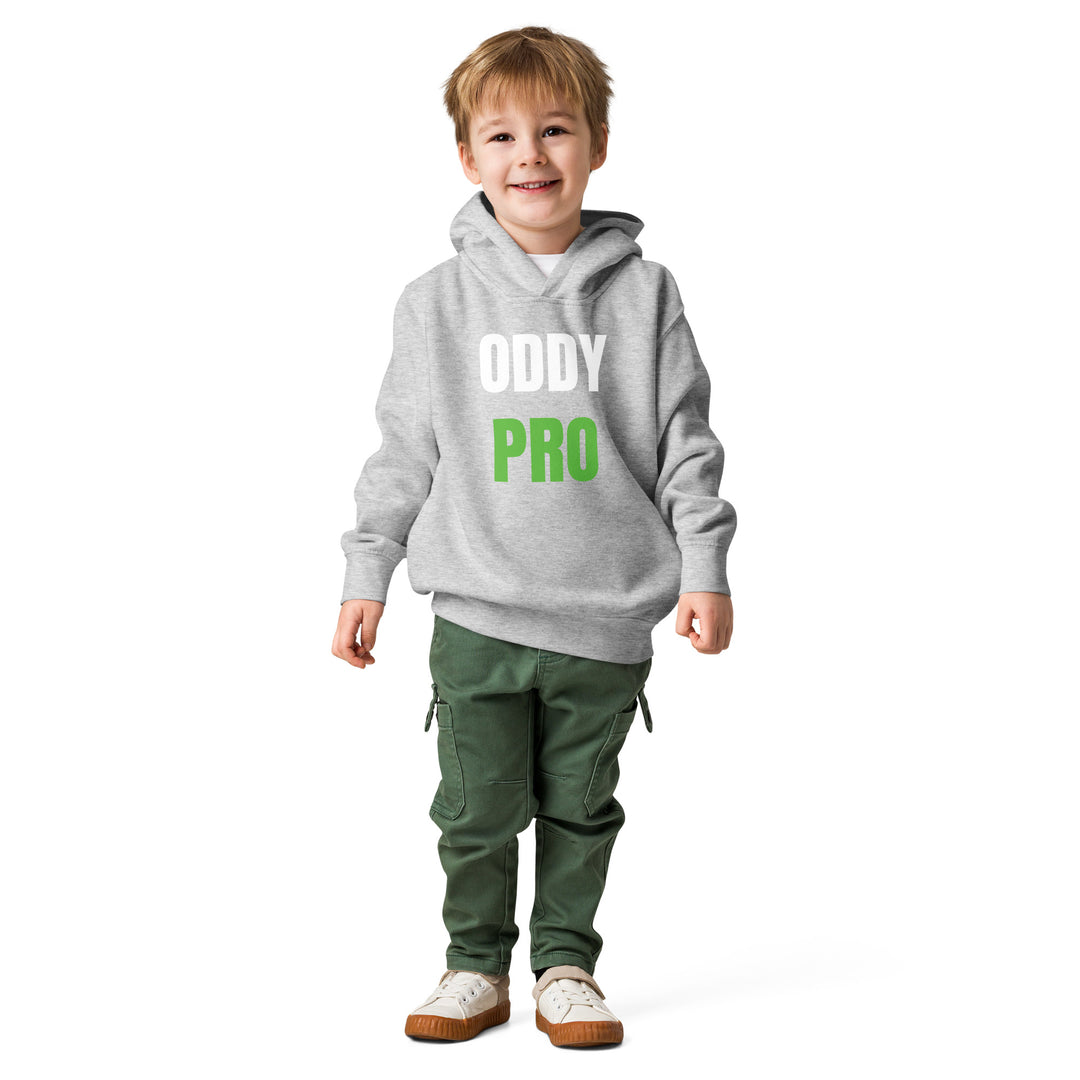 Toddler wearing an Oddy Pro toddler fleece pullover hoodie and green pants, smiling happily.