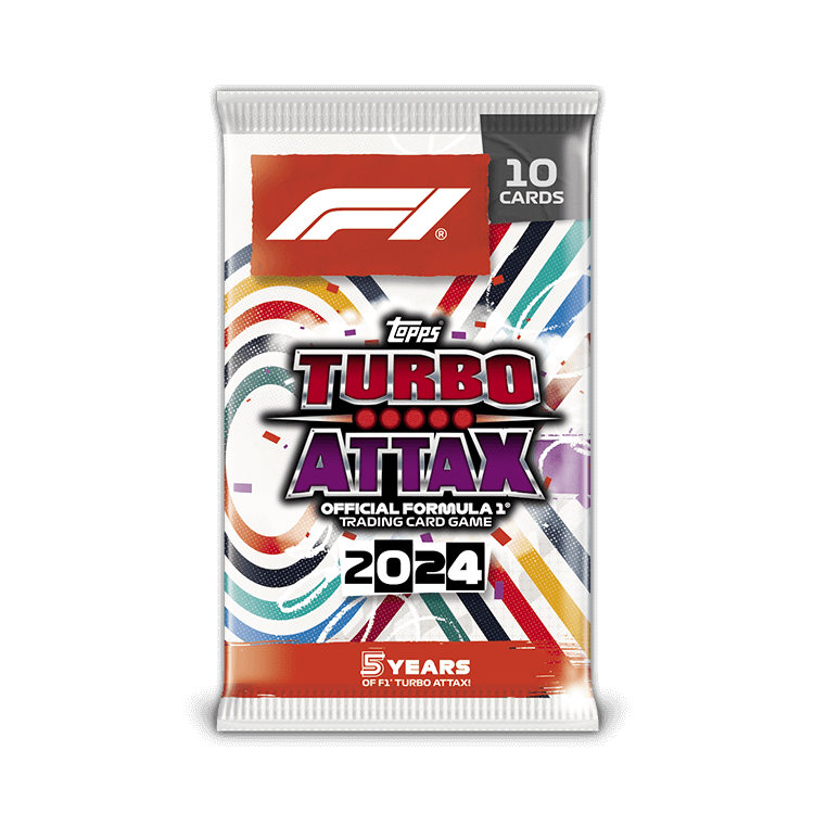Turbo Attax F1 Trading Card Game 2024 - 10-Card Pack featuring official Formula 1 design and colorful graphics.