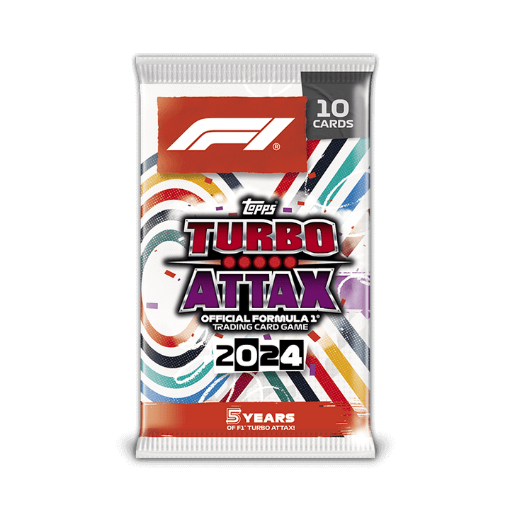 Turbo Attax F1 Trading Card Game 2024 - 10-Card Pack featuring official Formula 1 design and colorful graphics.