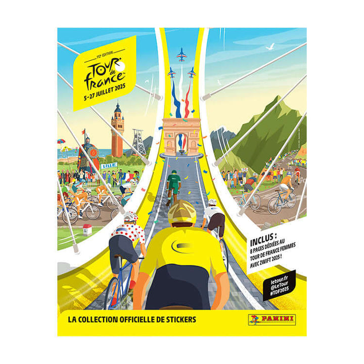 Official sticker collection for the Tour De France Sticker 2025 featuring cyclists and the iconic Arc de Triomphe.