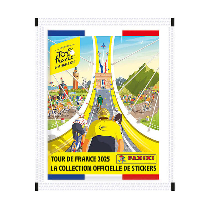 Tour De France Sticker 2025 official collection by Panini featuring vibrant cycling artwork and iconic French landmarks.