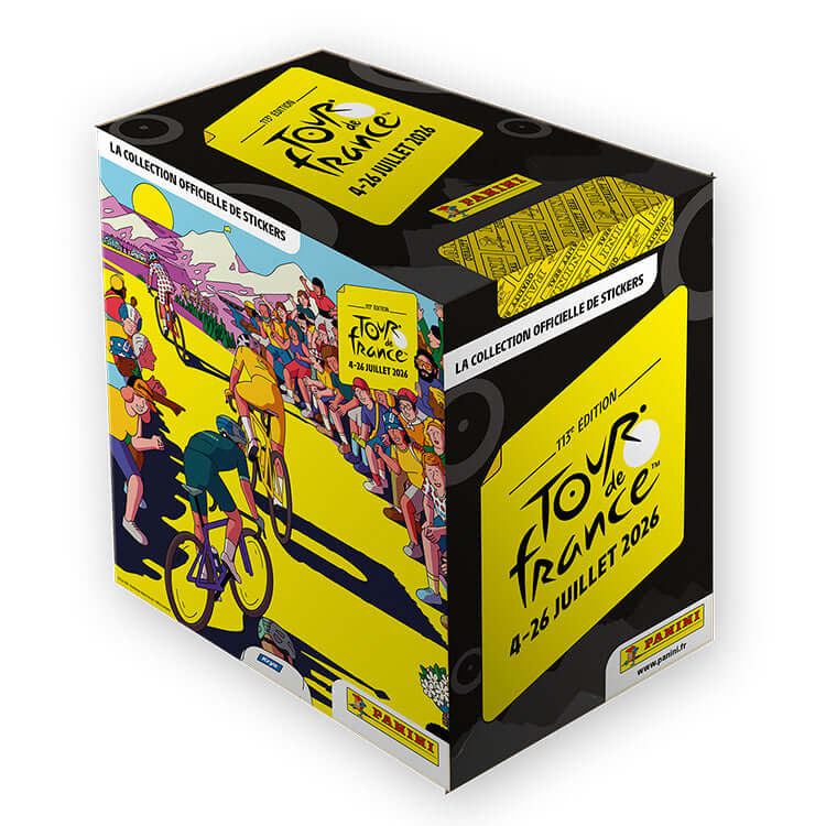 Tour de France 2026 sticker collection box featuring vibrant cycling artwork and official branding by Panini.