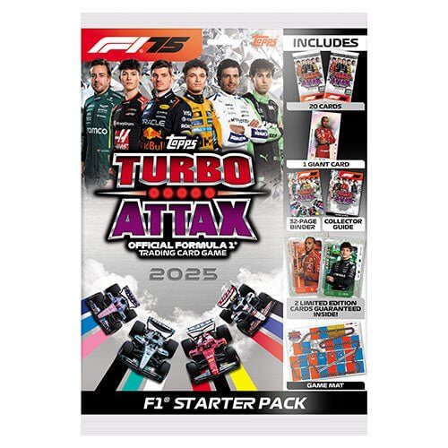 Turbo Attax F1 2025 Starter Pack with 20 cards, binder, giant card, game mat, and collector's guide.