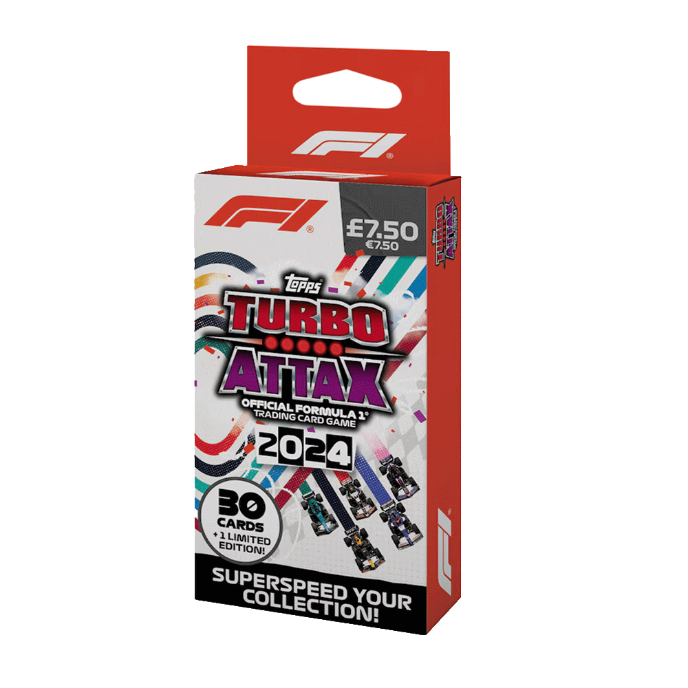 Turbo Attax Official Formula 1 Trading Card Game 2024 pack featuring 30 cards and 1 limited edition card.