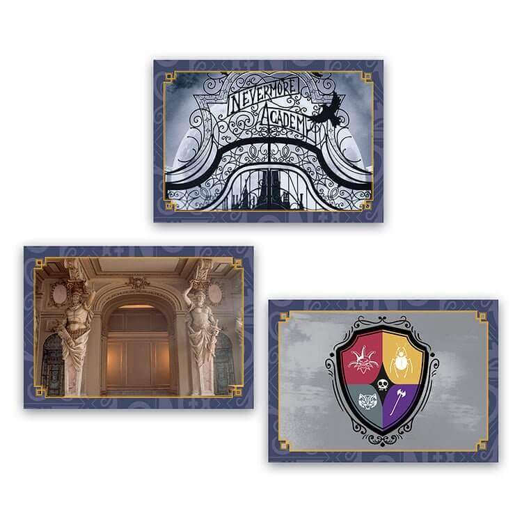 Wednesday Nevermore Academy Welcome Kit featuring Nevermore Academy entrance, interior architecture, and school crest.