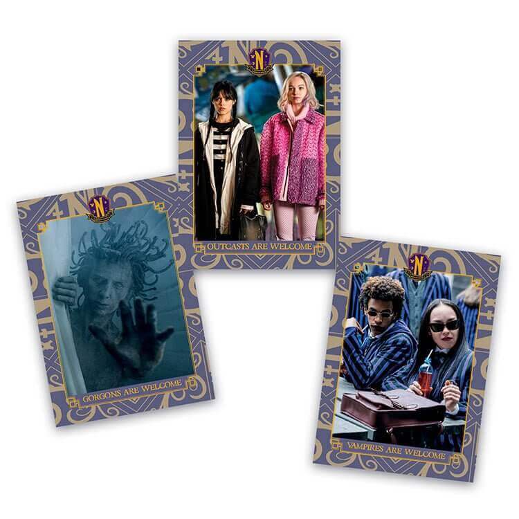 Wednesday Nevermore Academy Welcome Kit featuring collectible cards of characters with text "Gorgons are Welcome," "Outcasts are Welcome," and "Vampires are Welcome."