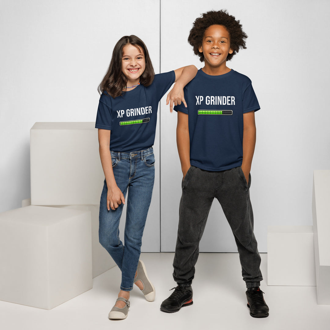 Two kids wearing XP Grinder Youth t-shirt, showcasing a comfortable and stylish design perfect for active days.