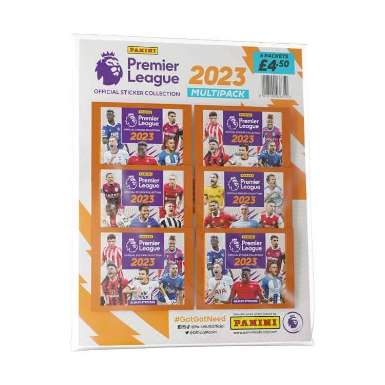 Image of Premier League 2023 Sticker Multipack featuring multiple sticker packets and club logos.