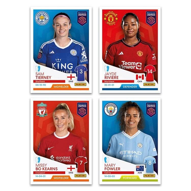 Barclays Women's Super League 2023/24 sticker collection featuring players Sam Tierney, Jayde Riviere, Missy Bo Kearns, and Mary Fowler.