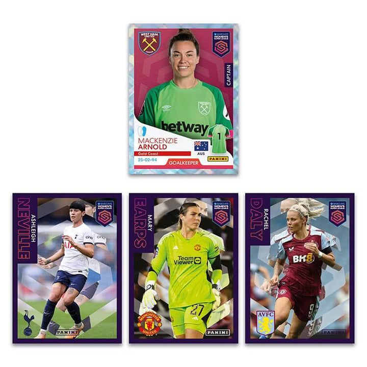 Barclays Women's Super League 2023/24 sticker collection featuring players Mackenzie Arnold, Mary Earps, Alex Greenwood, and Rachel Daly.